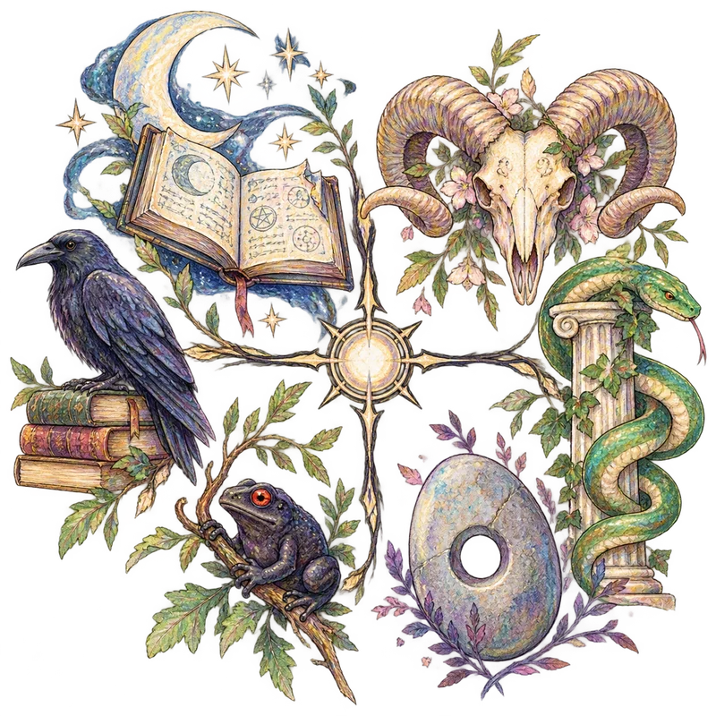 Ilustración del oficio: luna, libro, cráneo de carnero, cuervo, sapo, serpiente y piedra perforada